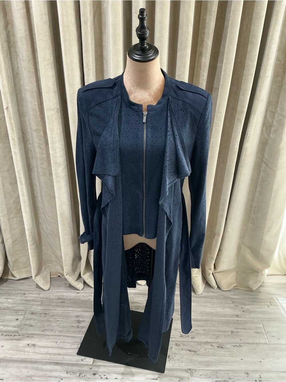 BCBGMaxAzria Navy Perforated Long Trench Coat with Zip